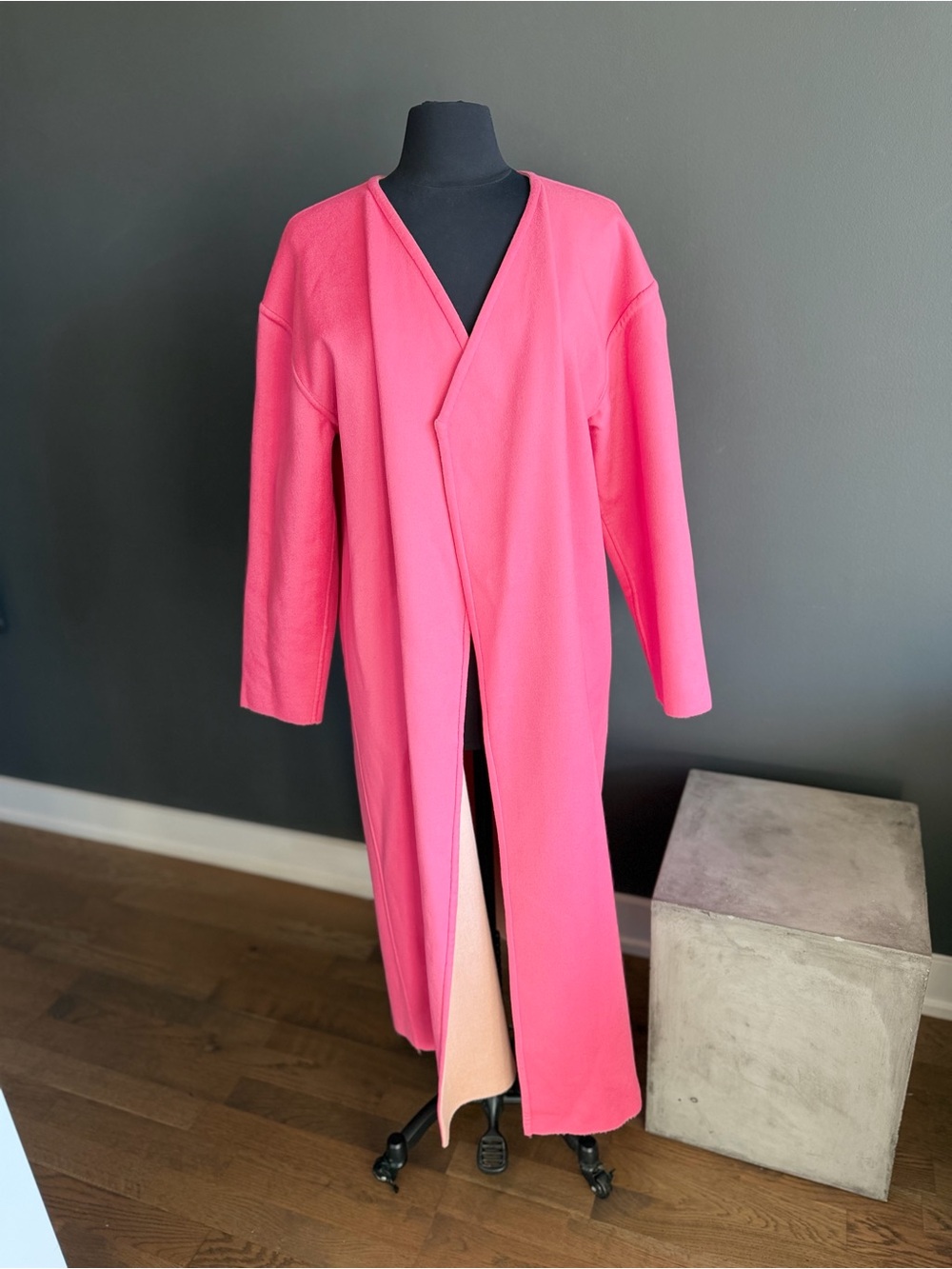 Bright Pink-peach Long Open wool Coat